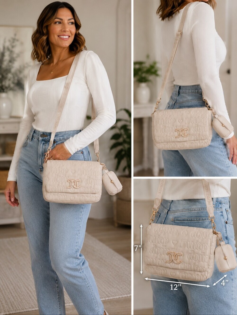 Juicy Couture Quilted Faux Leather Crossbody Bag Cream/Beige Embossed Logo
